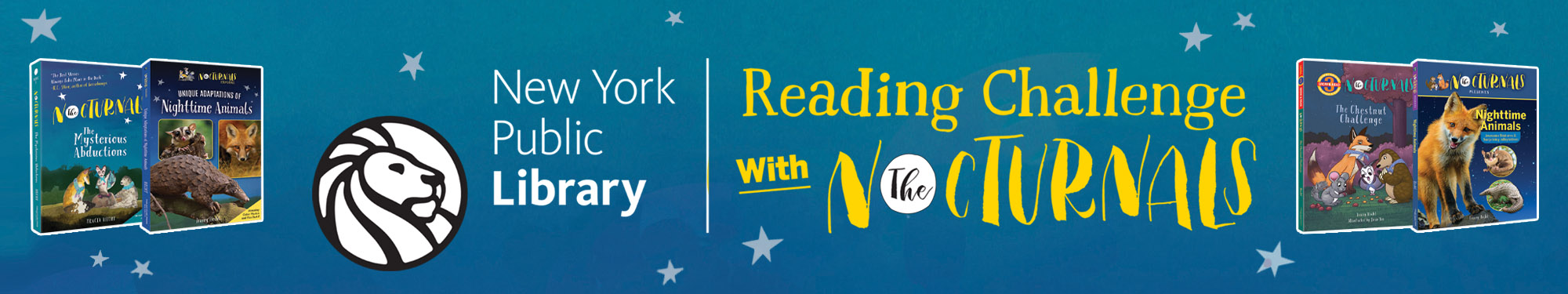 The Nocturnals Reading Challenge with the New York Public Library with book covers for 4 books included in the challenge surrounded by stars