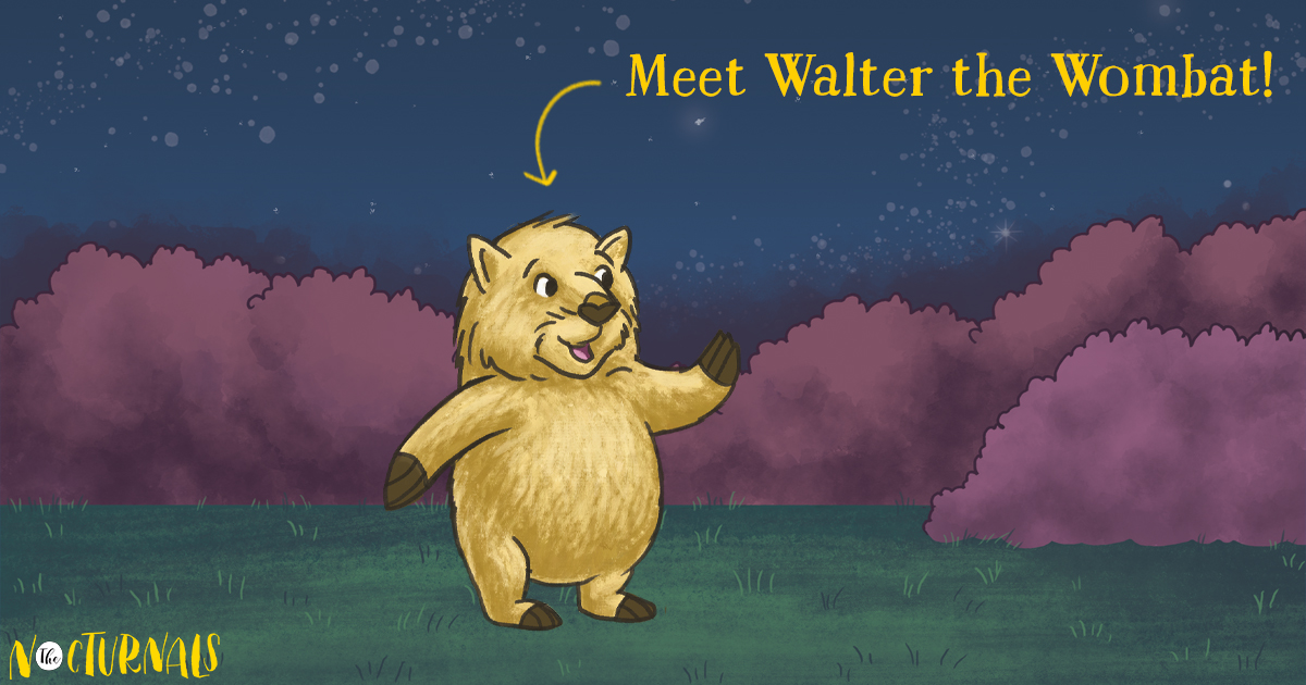 In front of purple bushes, Walter, a wombat, is posing. An arrow is pointing to him with the words â€œMeet Walter the Wombat!â€ above his head. 