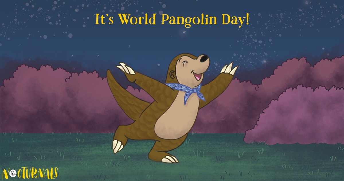 Tobin, a pangolin, has his arm stretched out and his eyes gleefully closed in the middle of a field of purple bushes. Written above his head in yellow font are the words: It's World Pangolin Day!Â 