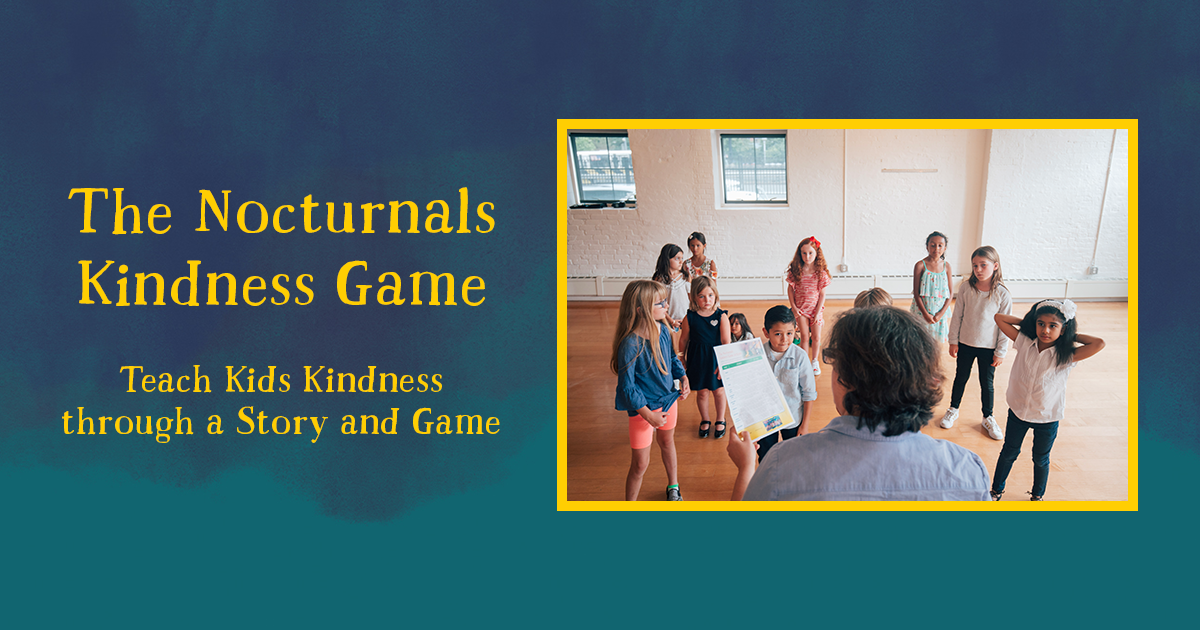 On the right of this graphic, there is a picture of kids listening to a teacher read The Nocturnals Kindness Game printable activity. On the left side has the title of the kindness game and beneath it in yellow font are the words: â€œTeach kids kindness through a story and game.â€ 