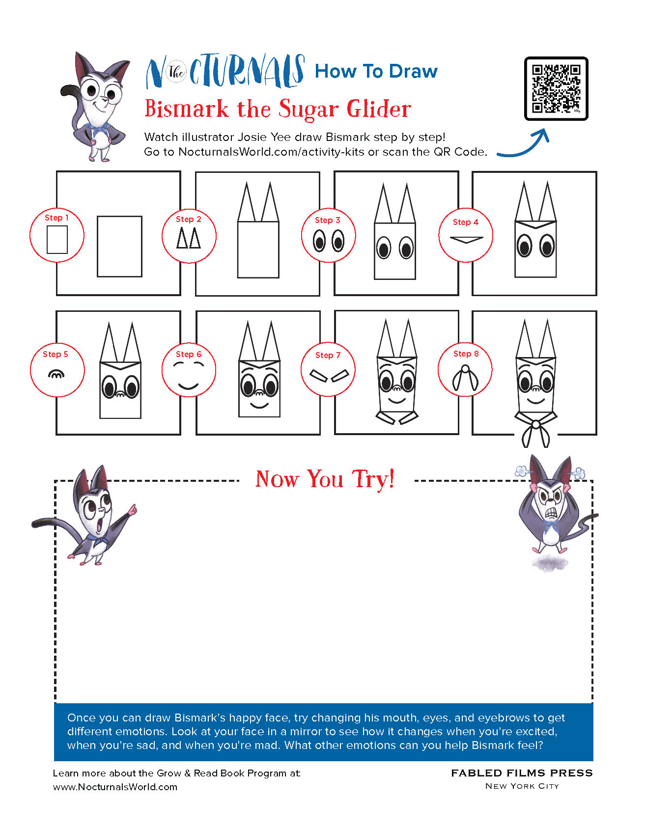 A preview of the Nocturnals How to Draw Activity Kit