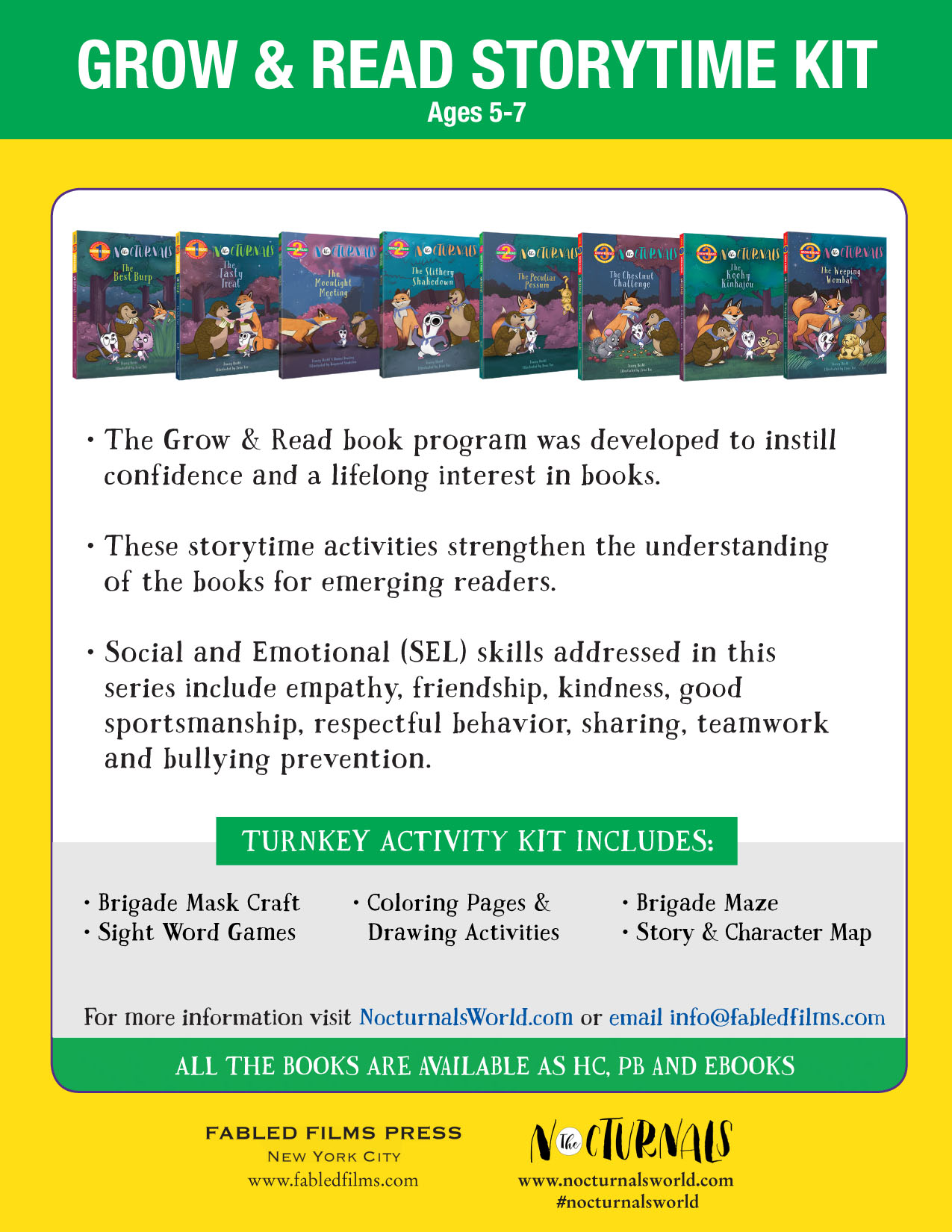 The Nocturnals Grow & Read Storytime Kit strengthens understanding of the books with activities like sight words games, coloring and drawing pages, and story maps