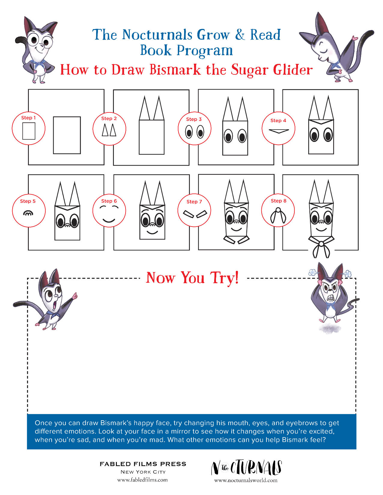 A preview of the Nocturnals How to Draw Activity Kit