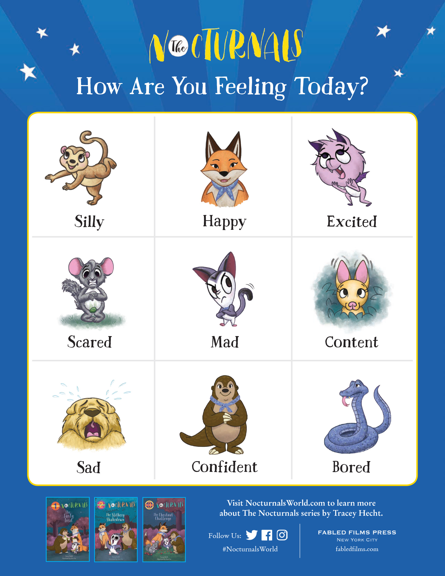 The Nocturnals Social Emotional Learning Poster & Brochure pdf includes a How Are You Feeling Today poster with character images and feeling names underneath to have children assess their emotions. The brochure includes endorsements of the Early Reader book program. 