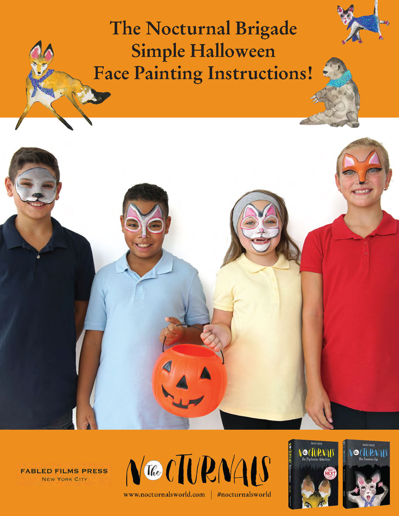 The Nocturnals Face Painting Instructions for Dawn the Fox, Tobin the Pangolin, and Bismark the Sugar Glider