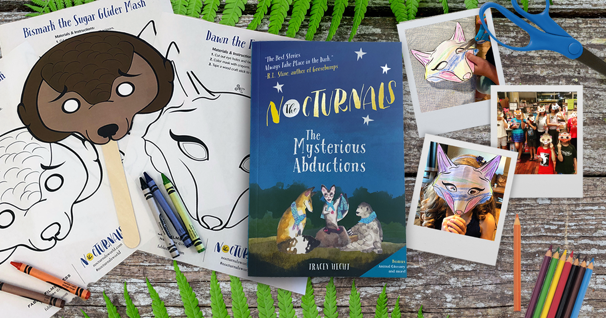 The Nocturnals Animal Mask Craft printable is laid out on a table to the left of The Mysterious Abductions. On the right are images of children cutting out and wearing their masks.