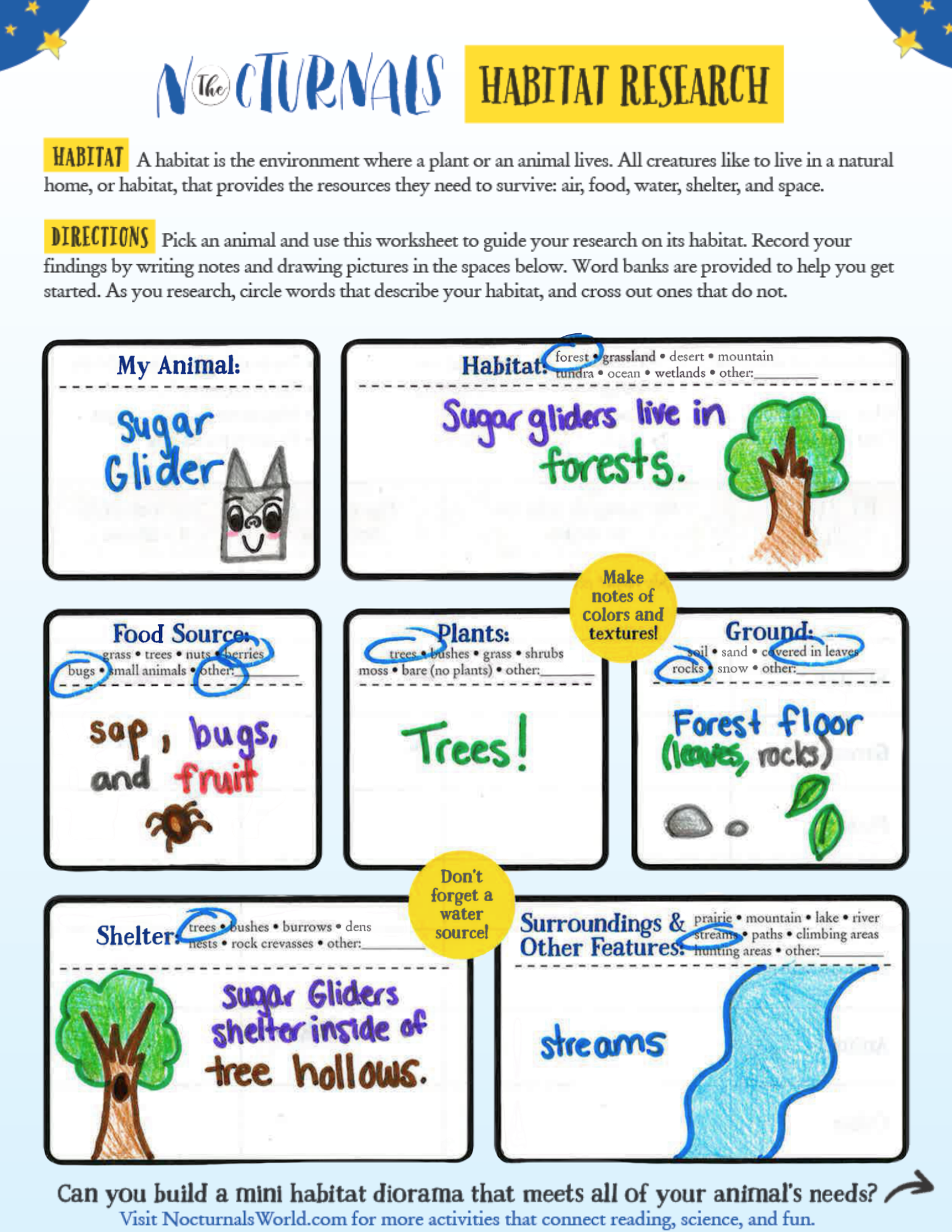Filled-in Nocturnals Habitat Research Graphic Organizer.