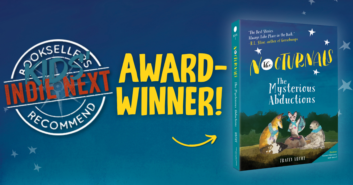 Image has a dark blue background. On the left of the image is the seal for the American Booksellers Association Kids' Indie Next award. In the center of the image, yellow text reads 