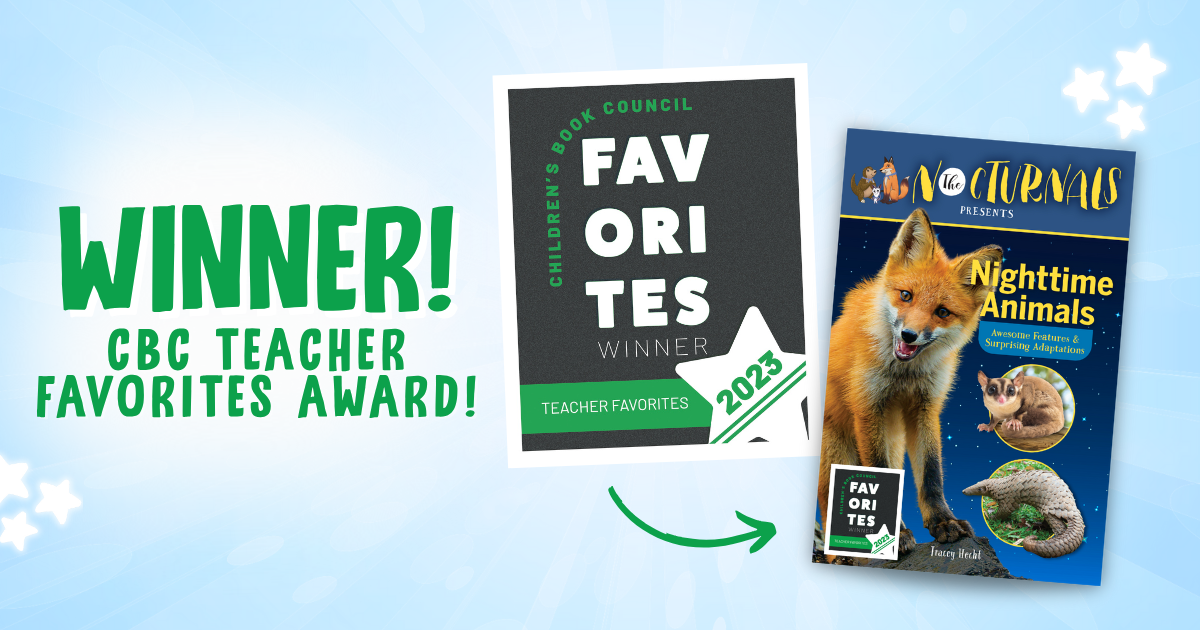 On the left, image reads "Winner! CBC Teachers Favorites Award" in green text on a light blue background. On the right, the 2025 seal of the CBC Favorites Award sits next to the book cover of The Nocturnals Nighttime Animals: Awesome Features & Surprising Adaptations.