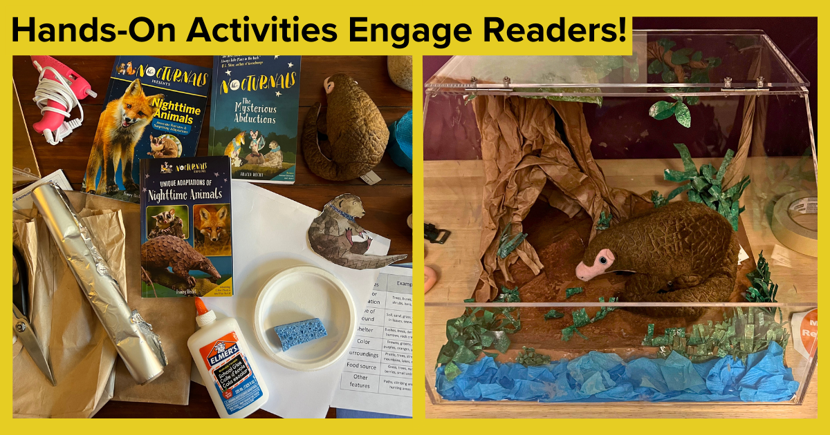 On the left, there is a picture of the supplies needed for the Mini Animal Habitat hands-on activity where kids can build an animal habitat for a pangolin, a fox, or a sugar glider. On the right is a picture of the finished activity where a stuffed animal pangolin is in its finished habitat. 