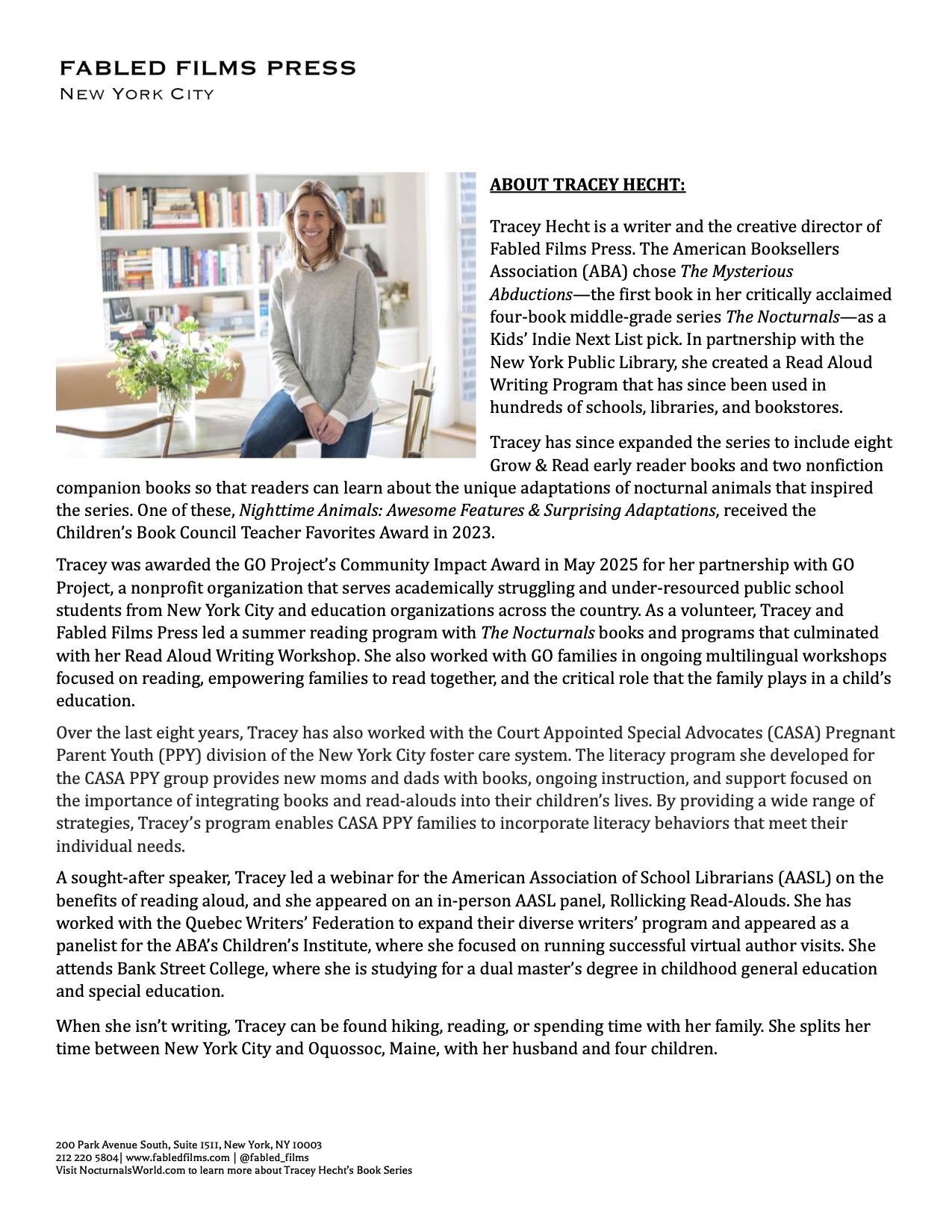 This image shows the biography of Tracey Hecht, author of The Nocturnals, along with a picture of her against a table near a bookshelf. 