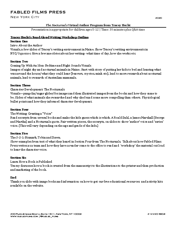 This picture shows the Program Outline for Tracey Hecht's school visits