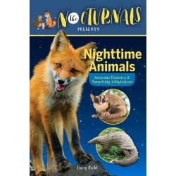 The Ebook cover of the nonfiction early reader book has a banner at the top with The Nocturnals logo next to the cartoon illustrations of the three characters. Beneath is a blown up picture of a real fox on top of a rock. To the right of it are small pict