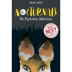 The hardcover version of book one, The Mysterious Abductions, is dark gray with black silhouettes of the forest in the background. Dawn, a fox, is taking up half the cover with her ears and eyes showing. On the right of the book is a white Indie Next List