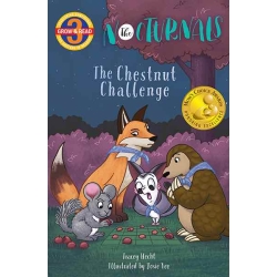 The cover of the Chestnut Challenge features Chandler, a chinchilla, winning against Tobin, a pangolin, at chestnut checkers in the forest. Tobin and Bismark, a sugar glider, looked surprised but Dawn, a fox, who is looking at the game has a suspicious lo