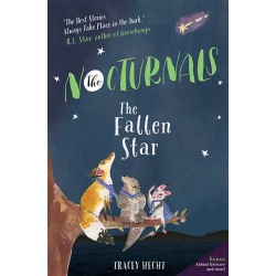 The paperback of the third book, The Fallen Star, has Dawn, a fox, Tobin, a pangolin, and Bismark, a sugar glider, sitting on a tree branch looking up at the sky to a shooting star near where the book’s title and logo are. 