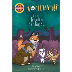 The cover of The Kooky Kinkajou features Dawn, a fox, and Tobin, a pangolin, smiling and looking toward Bismark, a sugar glider, and Karina, a kinkajou, in a forest full of purple trees. 