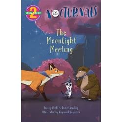The cover of The Moonlight Meeting features Dawn, a fox, staring at Tobin, a pangolin, who is staring back at her. Between them is Bismark, a sugar glider, who is standing in front of a purple bush and looking straight and posing with a smile. 