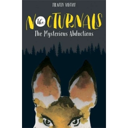 The ebook version of book one, The Mysterious Abductions, is dark gray with black silhouettes of the forest in the background. Dawn, a fox, is taking up half the cover with her ears and eyes showing.  