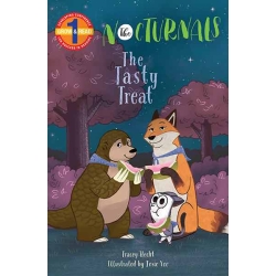 The cover of The Tasty Treat features Tobin, a pangolin, Dawn, a fox, and Bismark, a sugar glider. Each character is holding a piece of pomelo, a fruit, in their paws. Tobin and Dawn are smiling while Bismark is eating his fruit in a forest full of purple