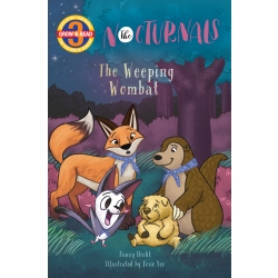 In a purple tree forest, Dawn, a fox, Bismark, a sugar glider, and Tobin, a pangolin, surround a worried looking Walter, a wombat, who is sitting on the grass. 