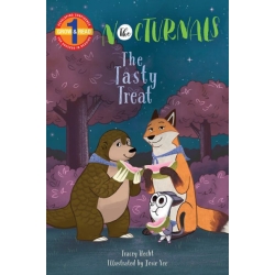 The cover of The Tasty Treat features Tobin, a pangolin, Dawn, a fox, and Bismark, a sugar glider. Each character is holding a piece of pomelo, a fruit, in their paws. Tobin and Dawn are smiling while Bismark is eating his fruit in a forest full of purple