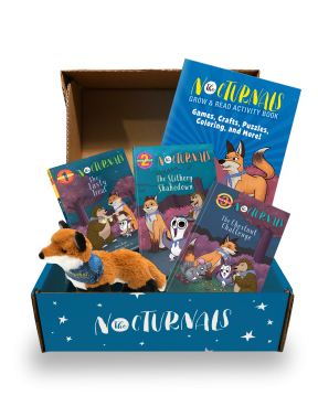 The Grow & Read Activity Box is a blue box with a selection of the Early Reader books, a fox plush toy of Dawn, and an activity book perfect for kids ages 4-7. 