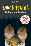 The hardcover version of book one, The Mysterious Abductions, is dark gray with black silhouettes of the forest in the background. Dawn, a fox, is taking up half the cover with her ears and eyes showing. On the right of the book is a white Indie Next List