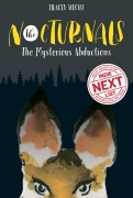 The ebook version of book one, The Mysterious Abductions, is dark gray with black silhouettes of the forest in the background. Dawn, a fox, is taking up half the cover with her ears and eyes showing.  