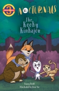The cover of The Kooky Kinkajou features Dawn, a fox, and Tobin, a pangolin, smiling and looking toward Bismark, a sugar glider, and Karina, a kinkajou, in a forest full of purple trees. 
