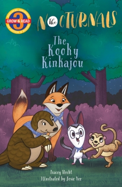 Dawn, a fox, and Tobin, a pangolin, are smiling and looking toward Bismark, a sugar glider, and Karina, a kinkajou, in a forest full of purple trees. 
