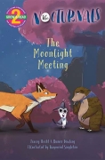 The cover of The Moonlight Meeting features Dawn, a fox, staring at Tobin, a pangolin, who is staring back at her. Between them is Bismark, a sugar glider, who is standing in front of a purple bush and looking straight and posing with a smile. 