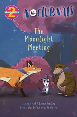 The cover of The Moonlight Meeting features Dawn, a fox, staring at Tobin, a pangolin, who is staring back at her. Between them is Bismark, a sugar glider, who is standing in front of a purple bush and looking straight and posing with a smile. 