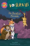 Dawn, a fox, Tobin, a pangolin, and Bismark, a sugar glider, are all looking at Penny, a possum, dangling upside down from a purple tree branch. 