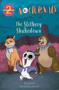 The cover of The Slithery Shakedown features Bismark, a sugar glider, in the center looking straight ahead with a smile and posing with his arms stretched out. Dawn, a fox, is on the left sitting and looking forward. Tobin, a pangolin, is standing with hi