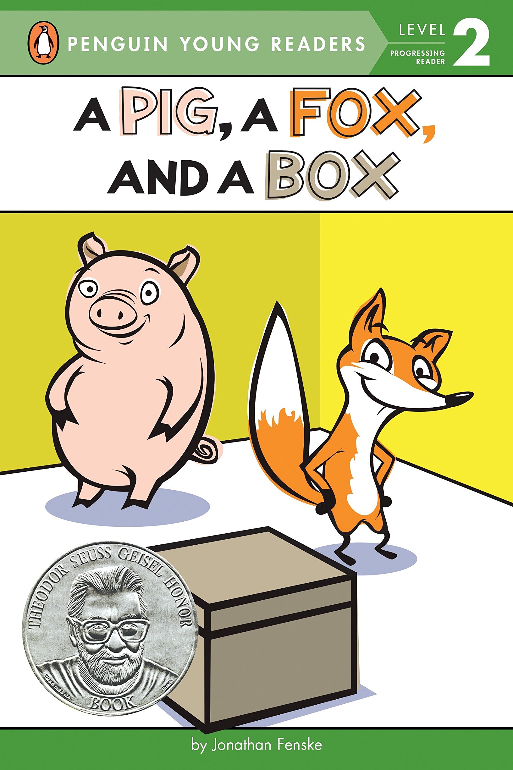 A cartoon pig is in front of a cartoon box and is next to an illustrated fox who has its paws on its hips. Above them is written the title of the book: A Pig, A Fox, and a Box. 