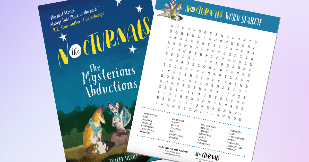 Against a purple gradient background is the cover of The Nocturnals Mysterious Abductions beside the printable Word Search writing activity. 
