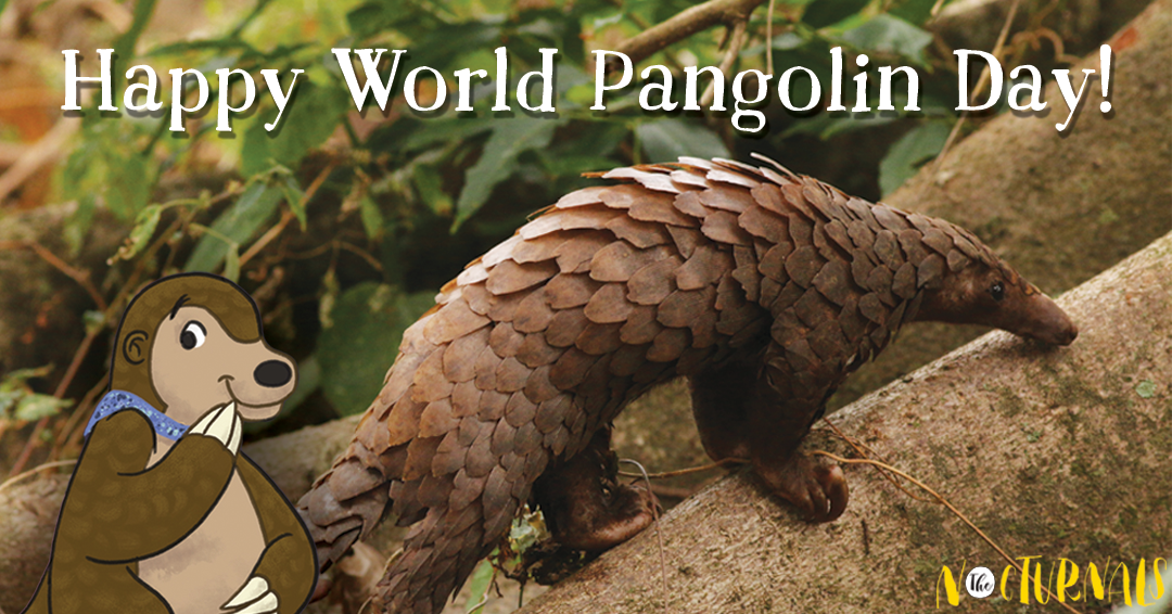 For World Pangolin Day, this graphic has a picture of a pangolin crawling on top of a tree trunk. Tobin, also a pangolin, is in the bottom left corner, holding a paw near his smile. 
