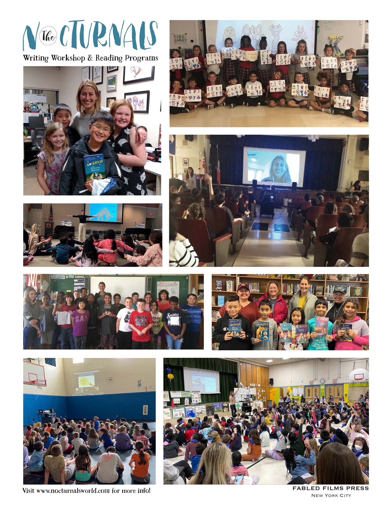 This picture shows pictures of the Read Aloud Writing Workshop hosted by Tracey Hecht, author of The Nocturnals, and includes praise and reviews for her author visits.