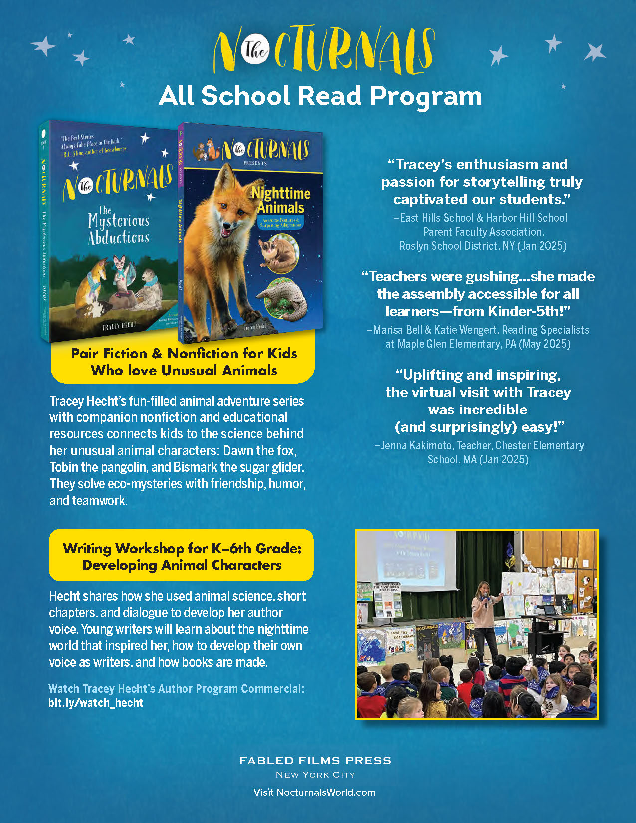 The All School Read Program includes book reviews and schools’ success with The Nocturnals to show how the book series connects with a K-6 school community. 