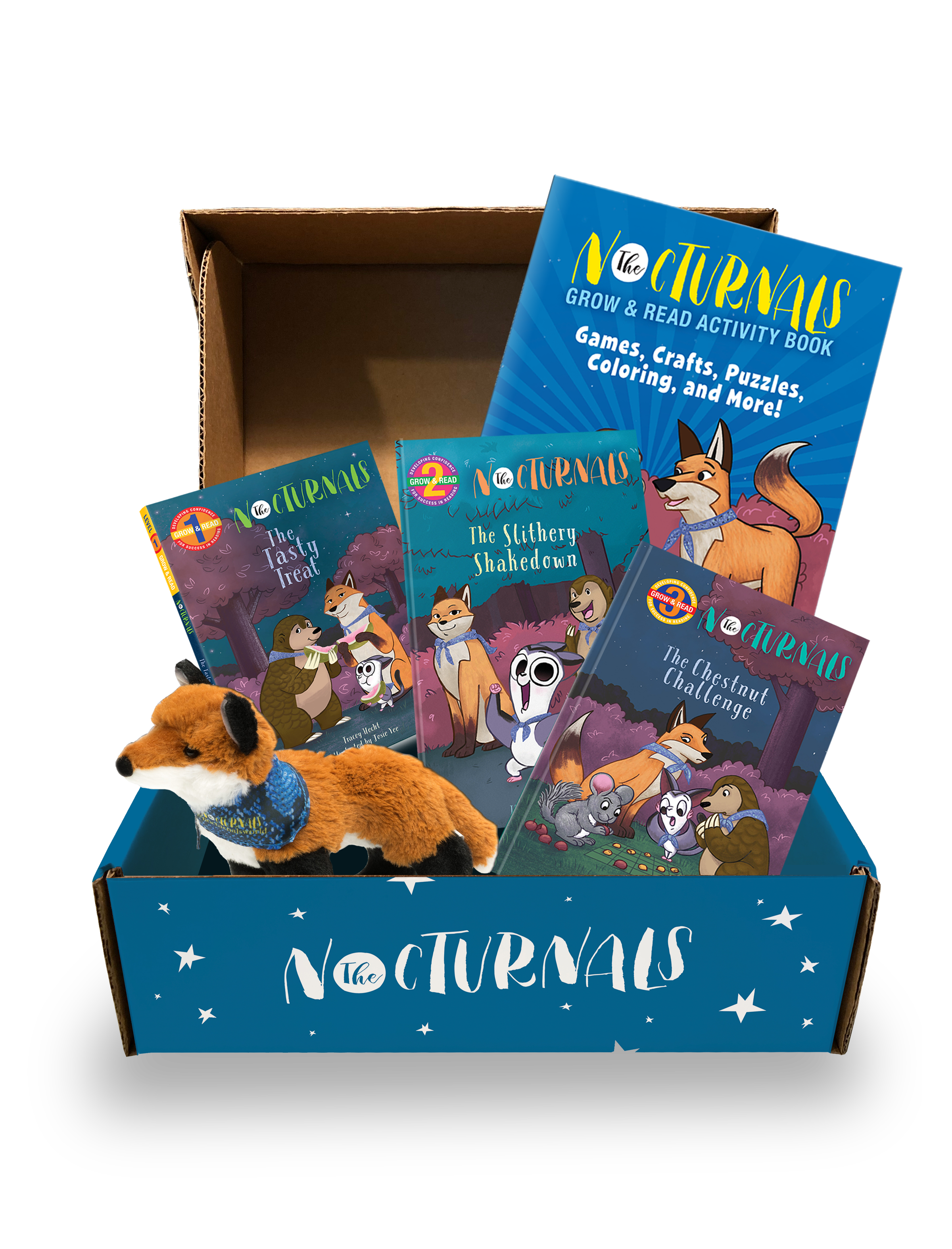 The Grow & Read Activity Box is a blue box with a selection of the Early Reader books, a fox plush toy of Dawn, and an activity book perfect for kids ages 4-7. 