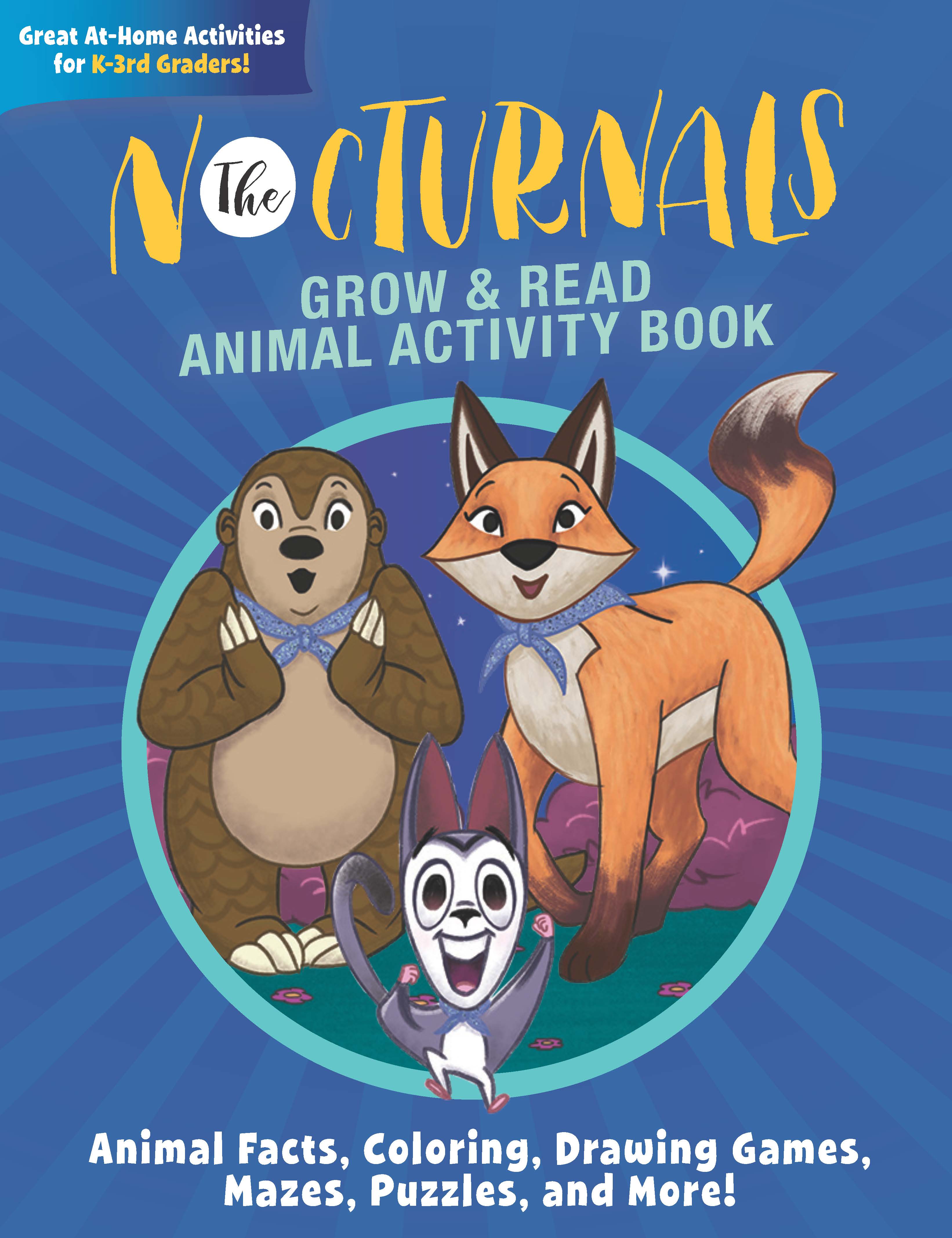 The Grow & Read Animal Activity Book has Tobin, a pangolin, Bismark, a sugar glider, and Dawn, a fox, in the middle looking straight with excited looks on their faces. 