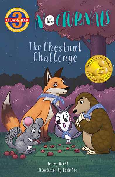 The cover of the Chestnut Challenge features Chandler, a chinchilla, winning against Tobin, a pangolin, at chestnut checkers in the forest. Tobin and Bismark, a sugar glider, looked surprised but Dawn, a fox, who is looking at the game has a suspicious lo