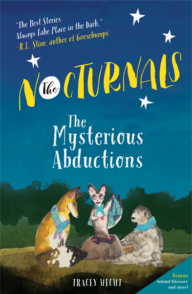 The paperback version of book one has Dawn, a fox, sitting in front of Tobin, a pangolin, and they are between Bismark, a sugar glider who is standing on a rock. Above their heads in yellow block text against the dark blue background are the words of the series, The Nocturnals, and written beneath it is the title of book one: The Mysterious Abductions.
