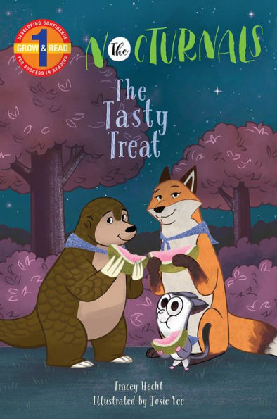 The cover of The Tasty Treat features Tobin, a pangolin, Dawn, a fox, and Bismark, a sugar glider. Each character is holding a piece of pomelo, a fruit, in their paws. Tobin and Dawn are smiling while Bismark is eating his fruit in a forest full of purple